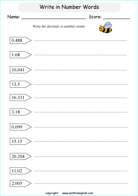 decimal spelling worksheets for grade 1 to 6 