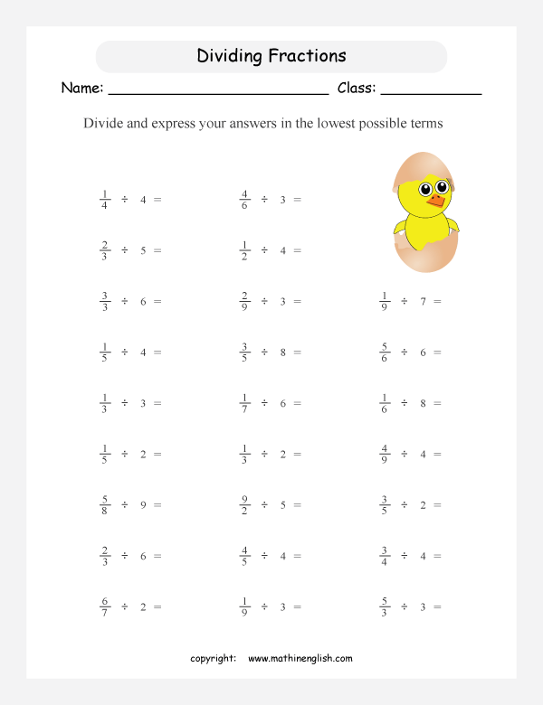 printable dividing fractions worksheets for kids in primary and elementary math class 