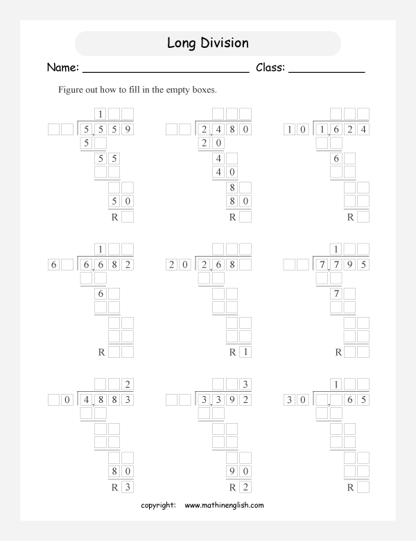 printable math long division worksheets for kids in primary and elementary math class 