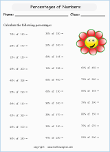 caculate percentage whole numbers math worksheets for grade 1 to 6 