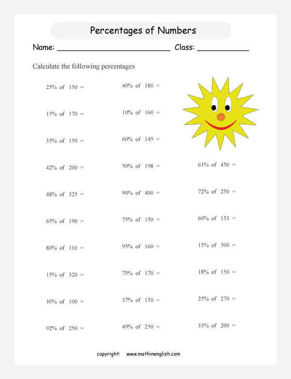 caculate percentage whole numbers math worksheets for grade 1 to 6 