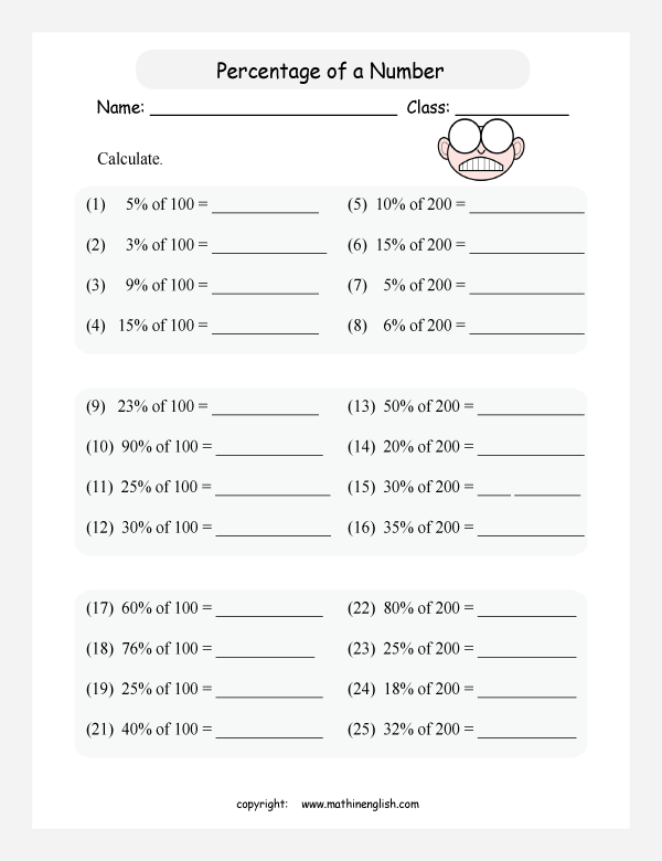 caculate percentage whole numbers math worksheets for grade 1 to 6 