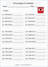 caculate percentage whole numbers math worksheets for grade 1 to 6 