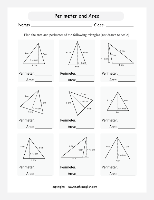 area and perimeter of triangles worksheets for primary math  