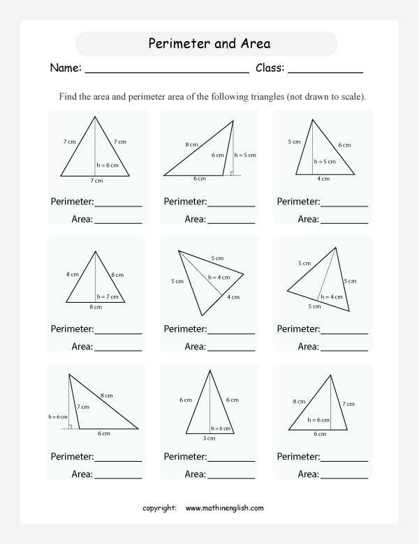 Calculate both the perimeter and the area of these triangles given the