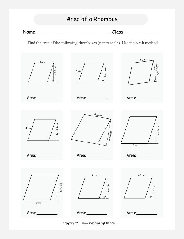 Calculate the area of these rhombuses given their heights and length of
