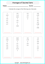 average of decimals calculations worksheets for grade 1 to 6 