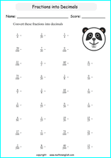 decimal into fractions worksheets for grade 1 to 6 