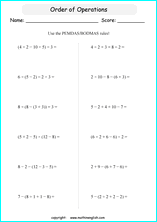 order of operations with positve integers and parentheses worksheets for grade 1 to 6 