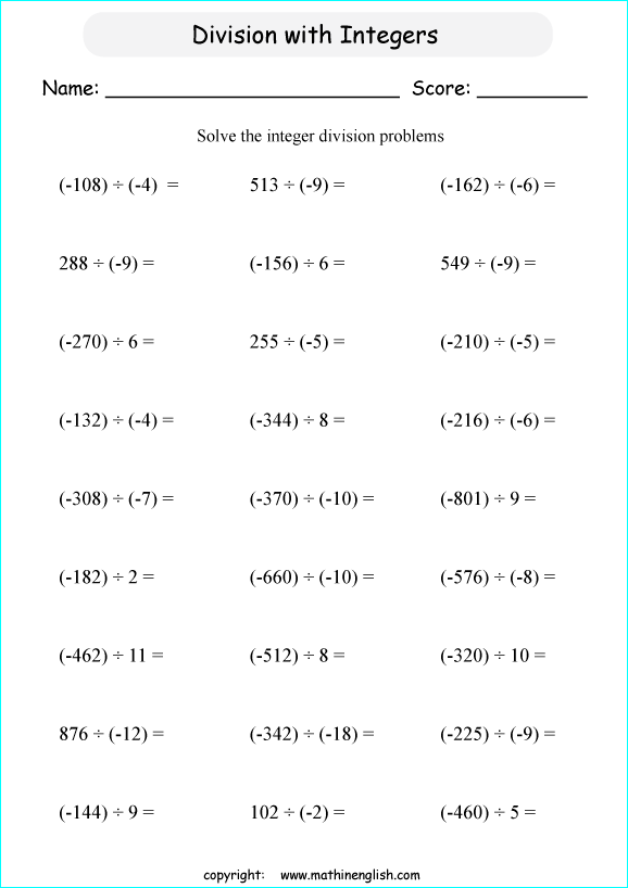 division of integers worksheets for primary math