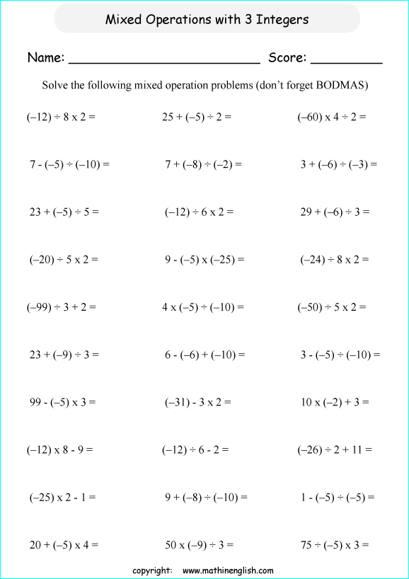 Mixed Operations math worksheet with 3 terms of negative numbers and