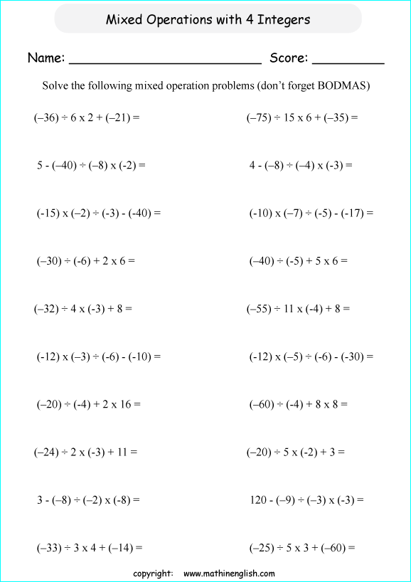 Mixed Operations math worksheet with 4 negative numbers and integers