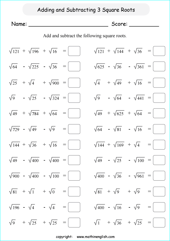 Add or subtract 3 perfect square roots math worksheet or grade 6 or 7