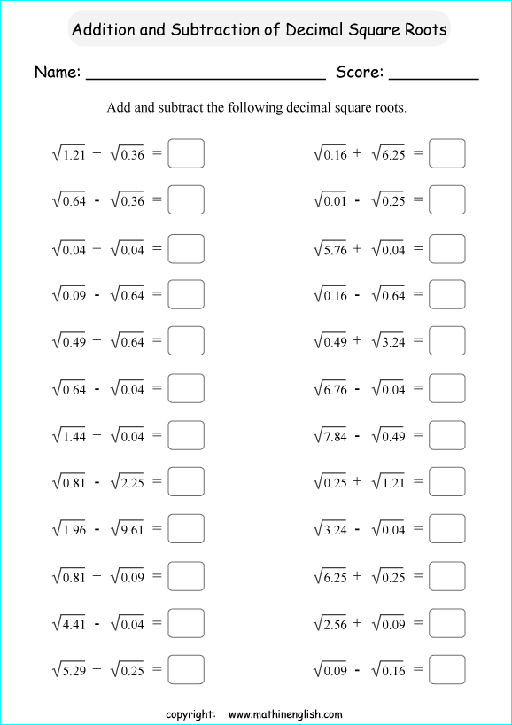 square roots of decimals math worksheets for grade 1 to 6 