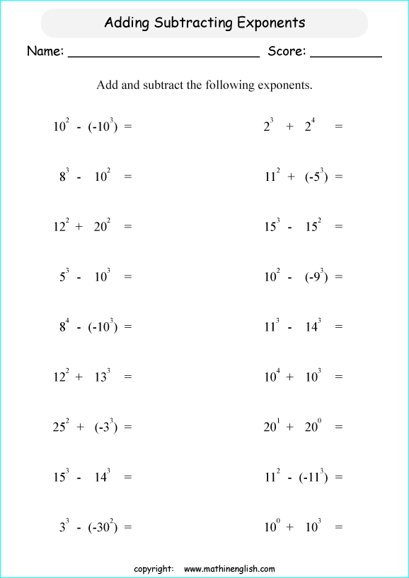 operations with exponents math worksheets for grade 1 to 6 