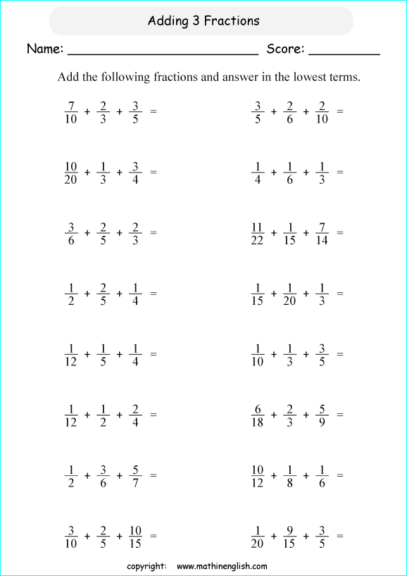 Add 3 unlike fractions in the lowest possible term grade 6 math
