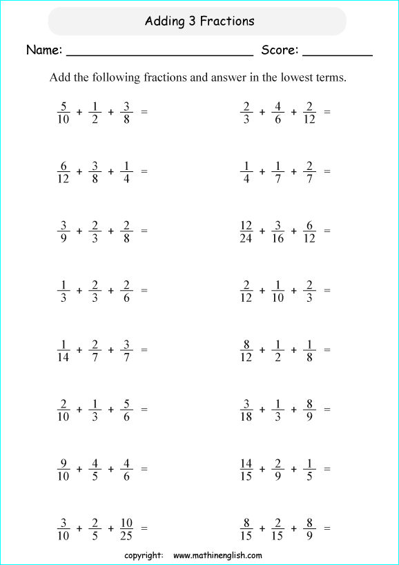 printable adding more difficult fractions worksheets for kids in primary and elementary math class 