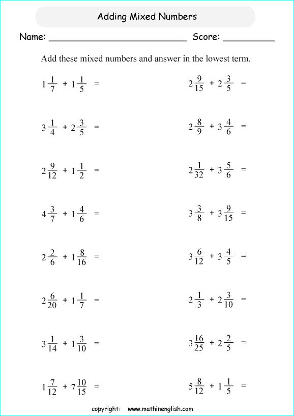 Addition or mixed numbers worksheet for sixth grade math students. Make