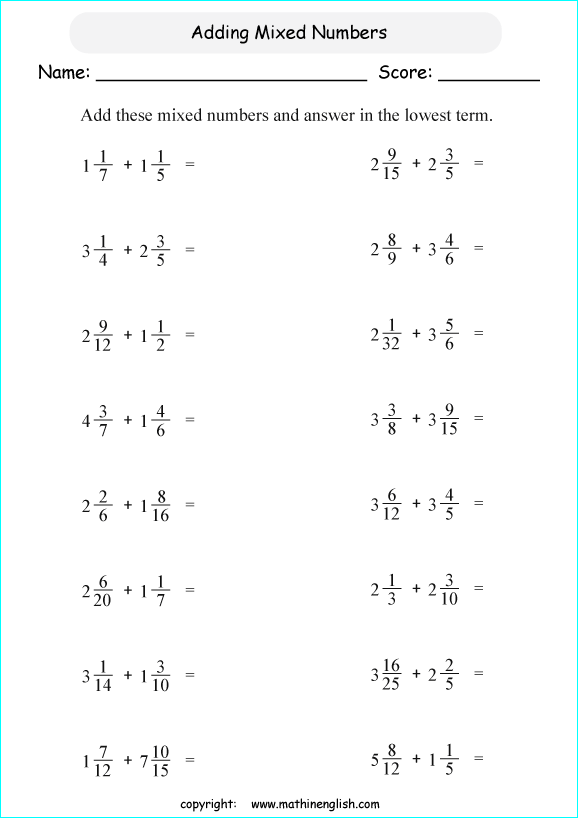 printable math addition unlike fractions worksheets