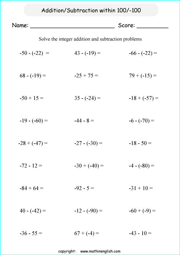 printable math integer subtraction worksheets for kids in primary and elementary math class 