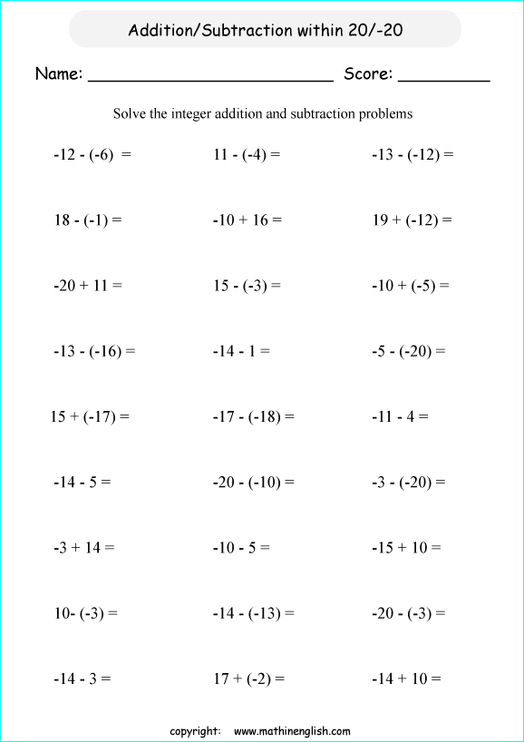 printable math addition integers worksheets