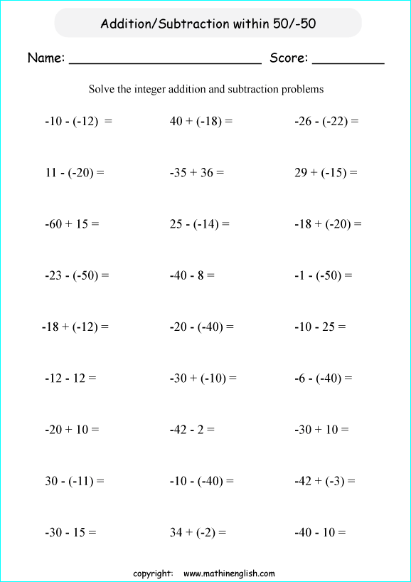 printable math integer subtraction worksheets for kids in primary and elementary math class 