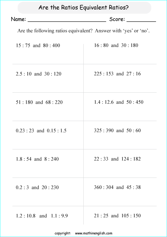 equivalent ratios math worksheets for grade 1 to 6 