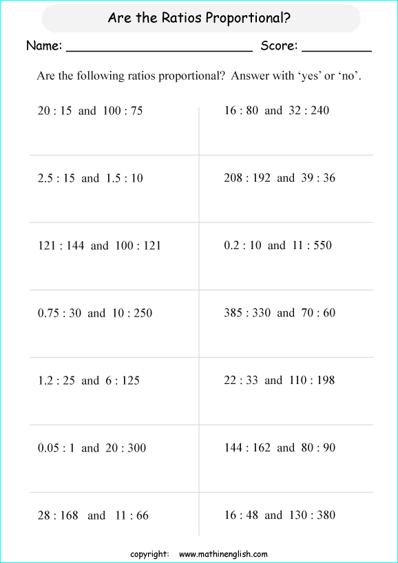 calculating proportions math worksheets for grade 1 to 6 