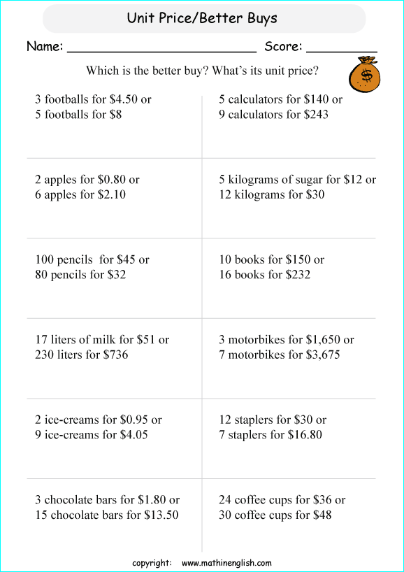 unit rates proportions math worksheets for grade 1 to 6 