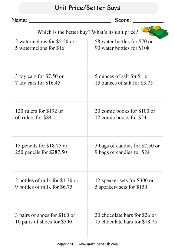 unit rates proportions math worksheets for grade 1 to 6 