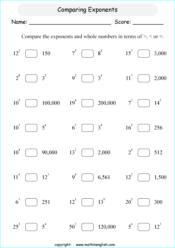 basic exponents math worksheets for grade 1 to 6 