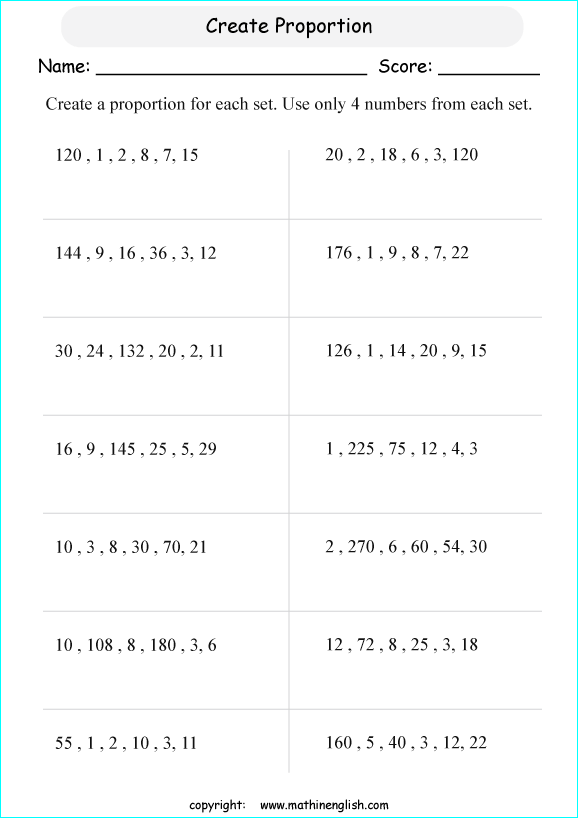 calculating proportions math worksheets for grade 1 to 6 