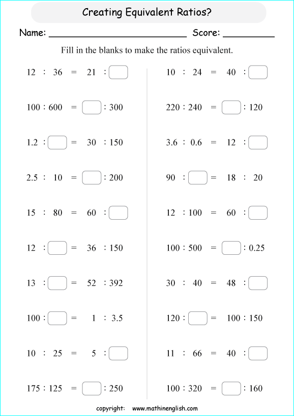 Create equivalent ratios of numbers up to 1,000 math worksheet for