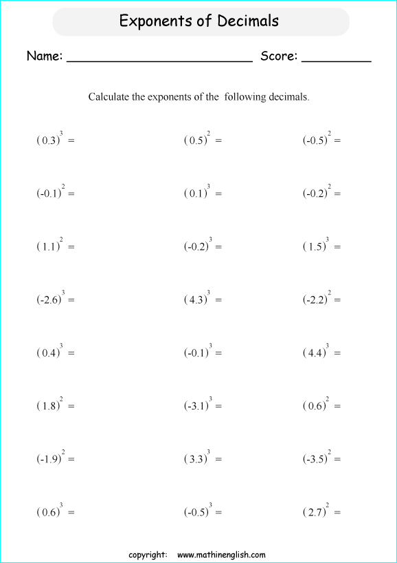  exponents of fractions and decimals math worksheets for grade 1 to 6 