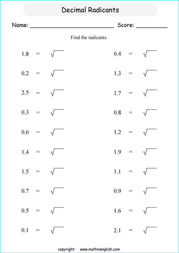 square roots of decimals math worksheets for grade 1 to 6 