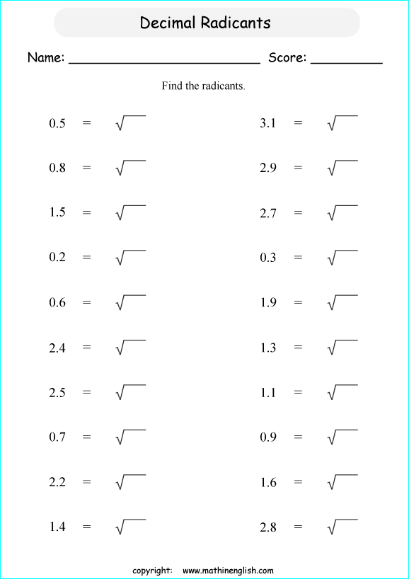 square roots of decimals math worksheets for grade 1 to 6 