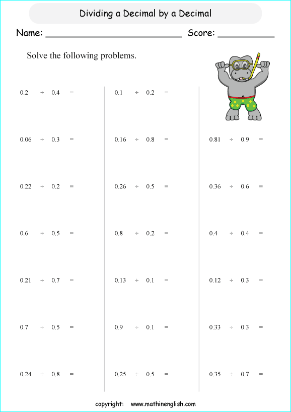 printable math dividing decimals worksheets for kids in primary and elementary math class 