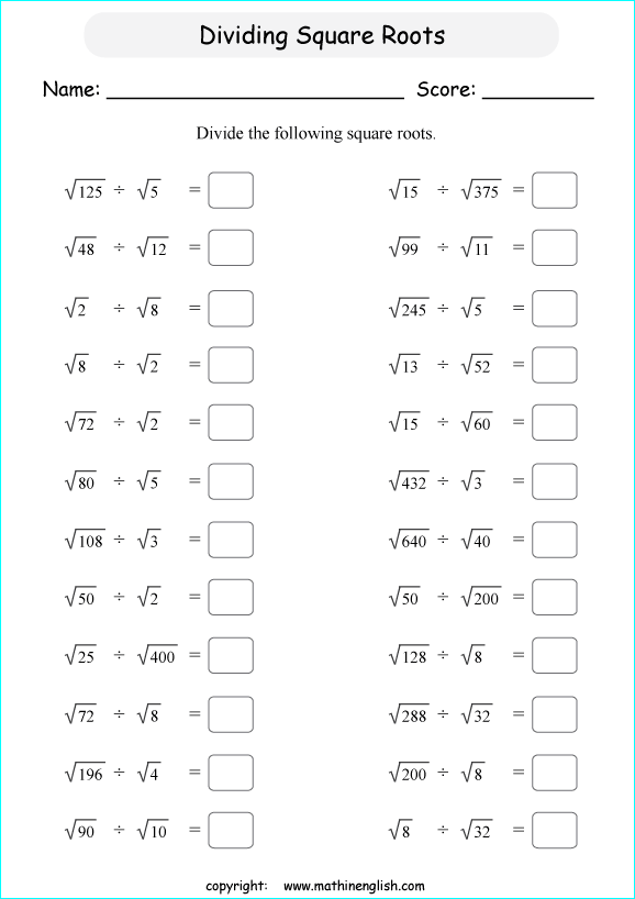 multiplying and dividing square roots math worksheets for grade 1 to 6 