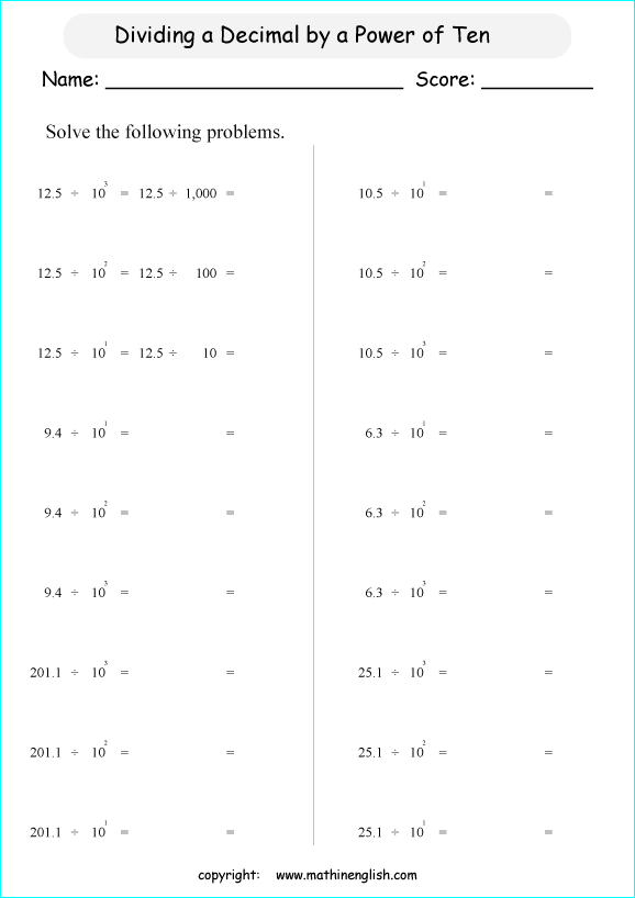 powers of ten exponents math worksheets for grade 1 to 6 