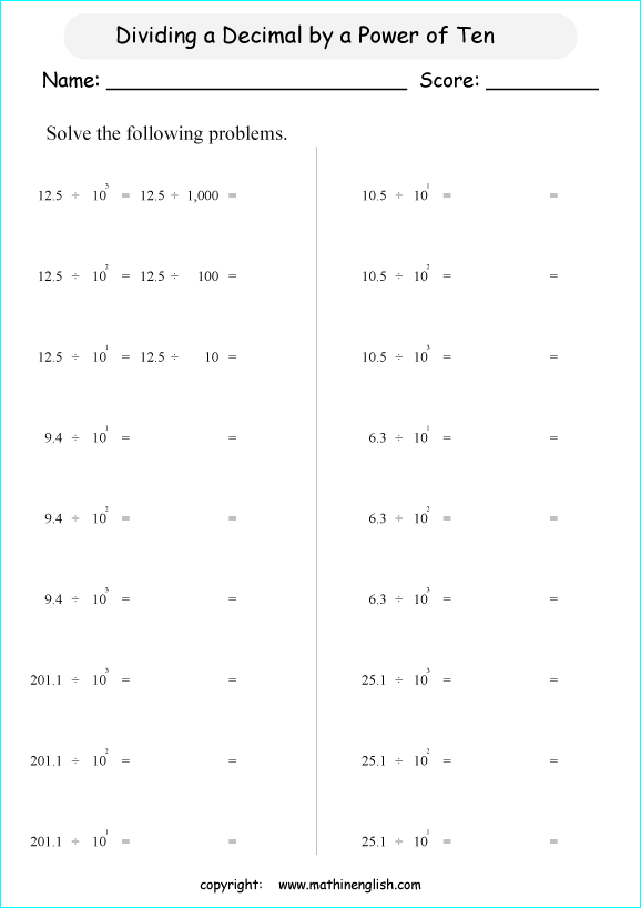 Divide These Decimal Numbers By Powers Of Ten Great Division And 