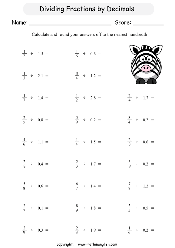 dividing decimals worksheets for grade 1 to 6 