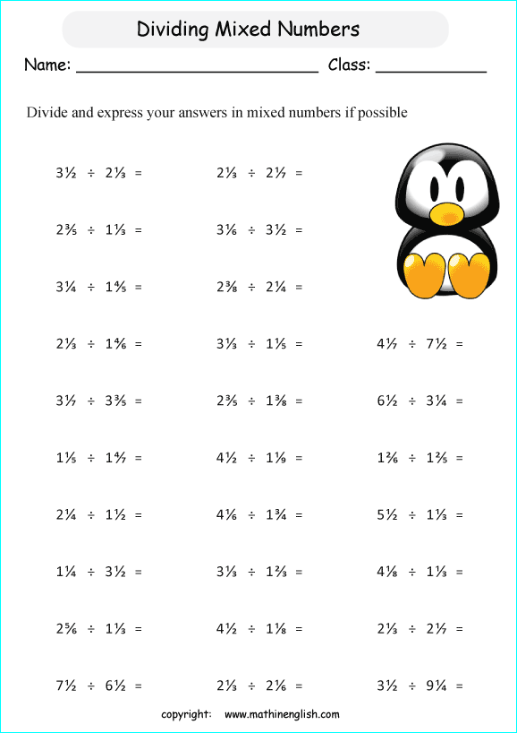 Divide Mixed Numbers By Mixed Numbers Math Worksheet Grade 6 Math Worksheet For In School Or 