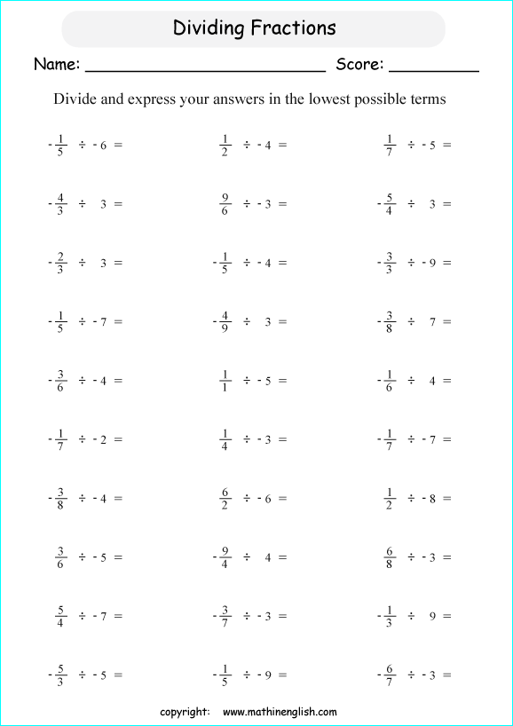 Math Grade 6 Worksheet Based On Dividing Negative Fractions Great Remedial Math Worksheet 
