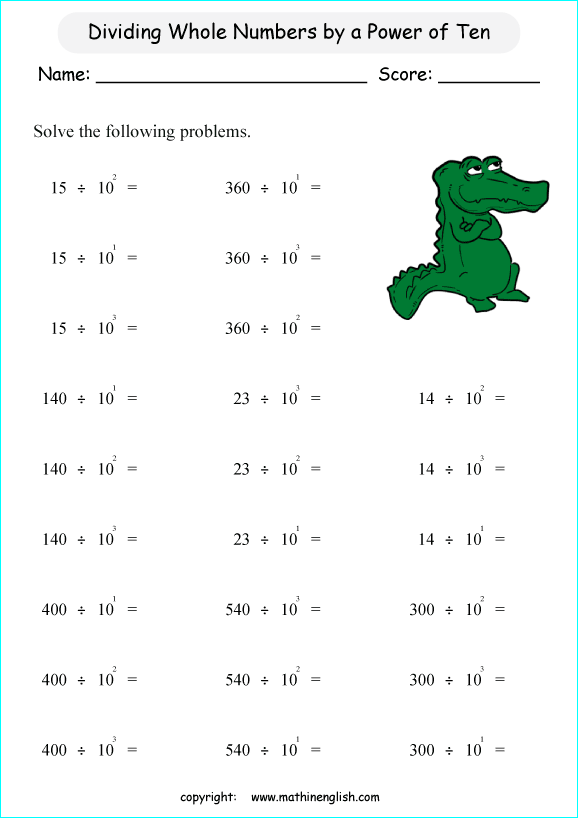 powers of ten exponents math worksheets for grade 1 to 6 