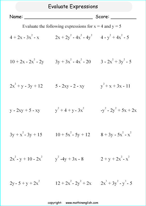 evaluating algebraic expressions worksheets for primary math