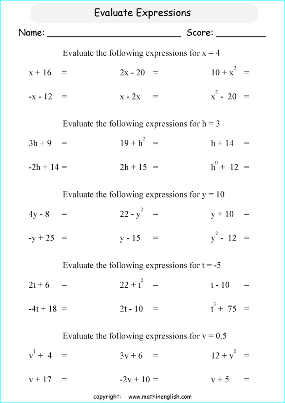 evaluating algebraic expressions worksheets for primary math