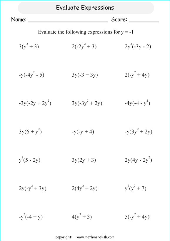 evaluating algebraic expressions worksheets for primary math