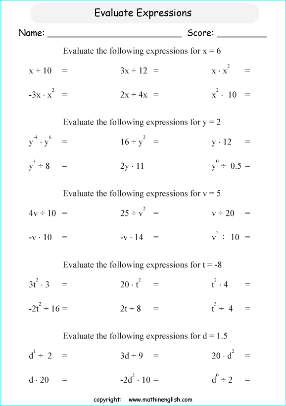evaluating algebraic expressions worksheets for primary math