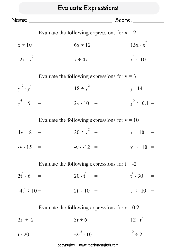 Multiplication And Division Of Algebraic Expressions Worksheets