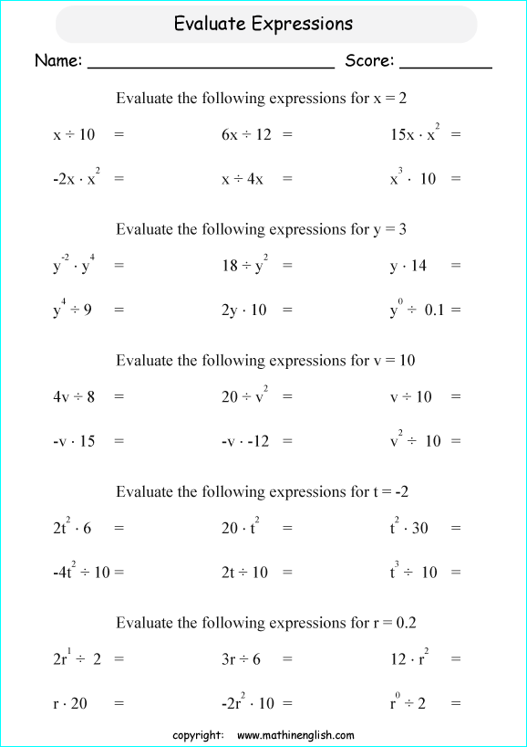 evaluating algebraic expressions worksheets for primary math